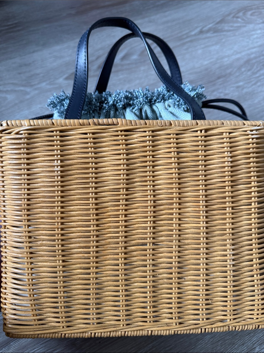 Kate Spade Blue-Trim Wicker Tote with Light Blue Fabric Insert - Picture 4 of 7
